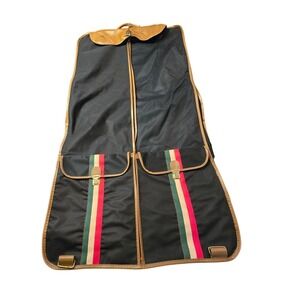 Vintage Monarch Garment Bag Black Nylon‎ Tan Trim Green Red Stripe Suit Bag Key